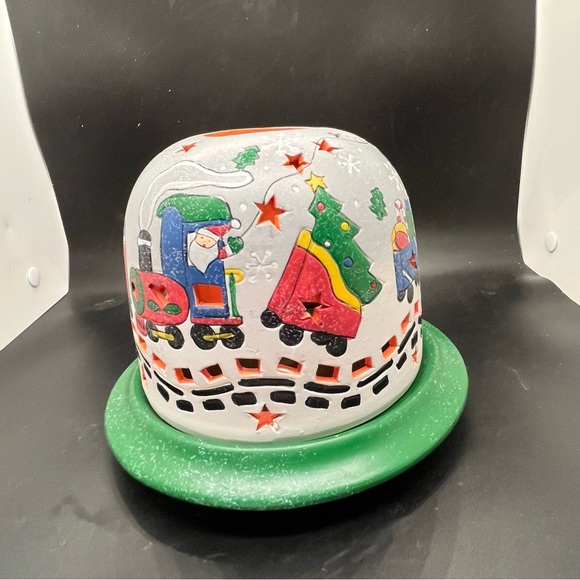Vntge Candle Holding Glow Dome Christmas Santa & Train. Ceramic 2 Piece - Picture 1 of 16